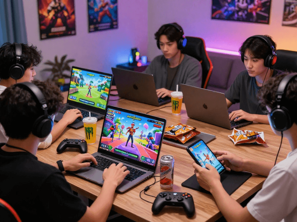 Players engaged with various porn games on mobile and desktop devices in a lively gaming atmosphere.