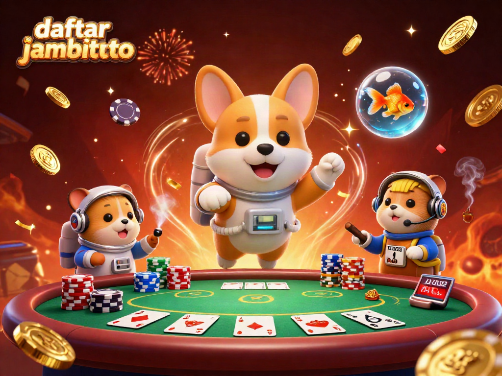 Join the excitement at daftar jambitoto with a 3D cartoon scene featuring a space casino and playful characters.