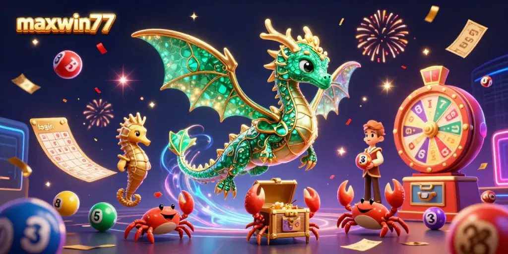 Experience the excitement of gaming with maxwin77 login featuring a sea dragon, lottery elements, and vibrant celebrations.