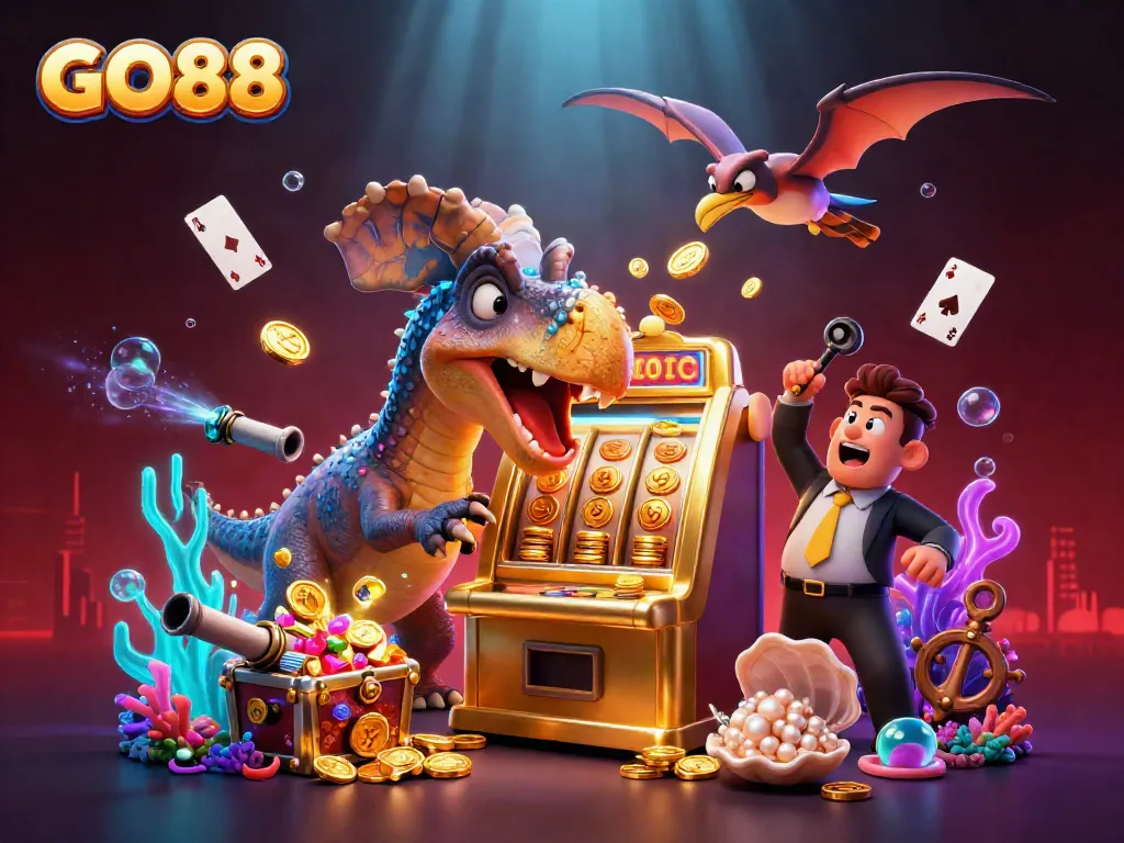 GO88 slot machine illustration with dinosaur characters winning coins in a vibrant casino scene.