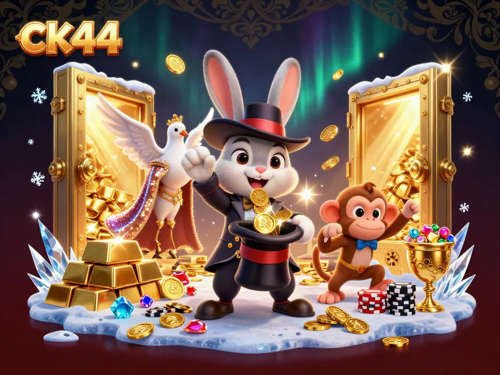Experience excitement at ck44 as a magician rabbit conjures gold coins and poker chips in a vibrant casino scene.