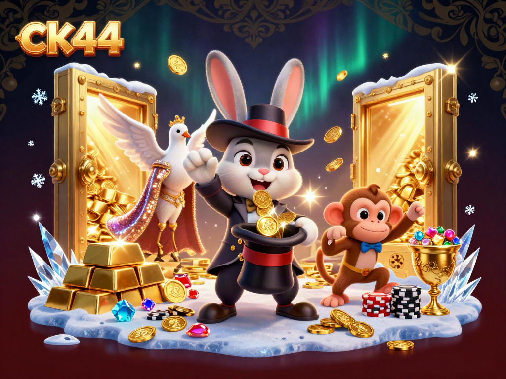 Experience excitement at ck44 as a magician rabbit conjures gold coins and poker chips in a vibrant casino scene.