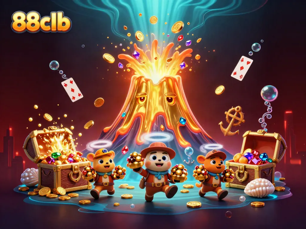 Win big with 88clb's thrilling casino experience featuring a golden volcano and treasure.