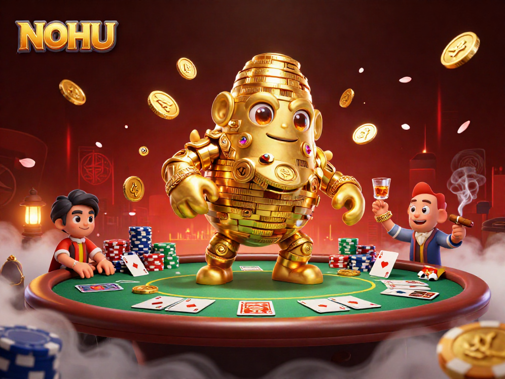Engage in thrilling NOHU casino action with golden golem, poker elements, and cherry blossoms.