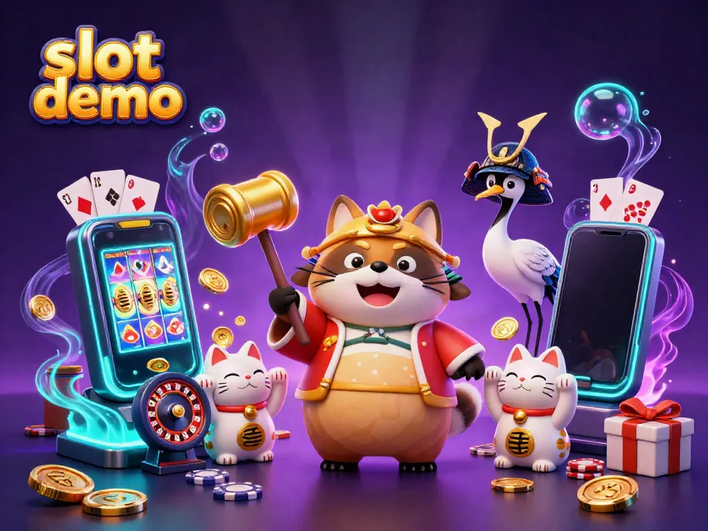 Play engaging slot demo games with vibrant characters and exciting visuals in this dynamic illustration