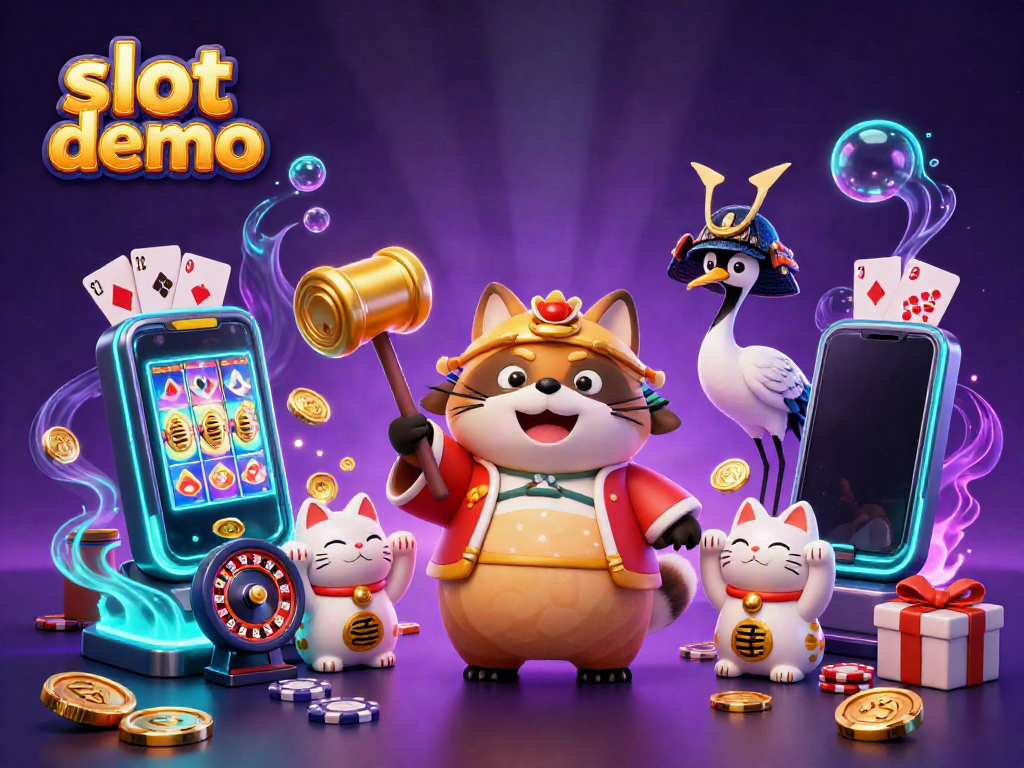 Play engaging slot demo games with vibrant characters and exciting visuals in this dynamic illustration