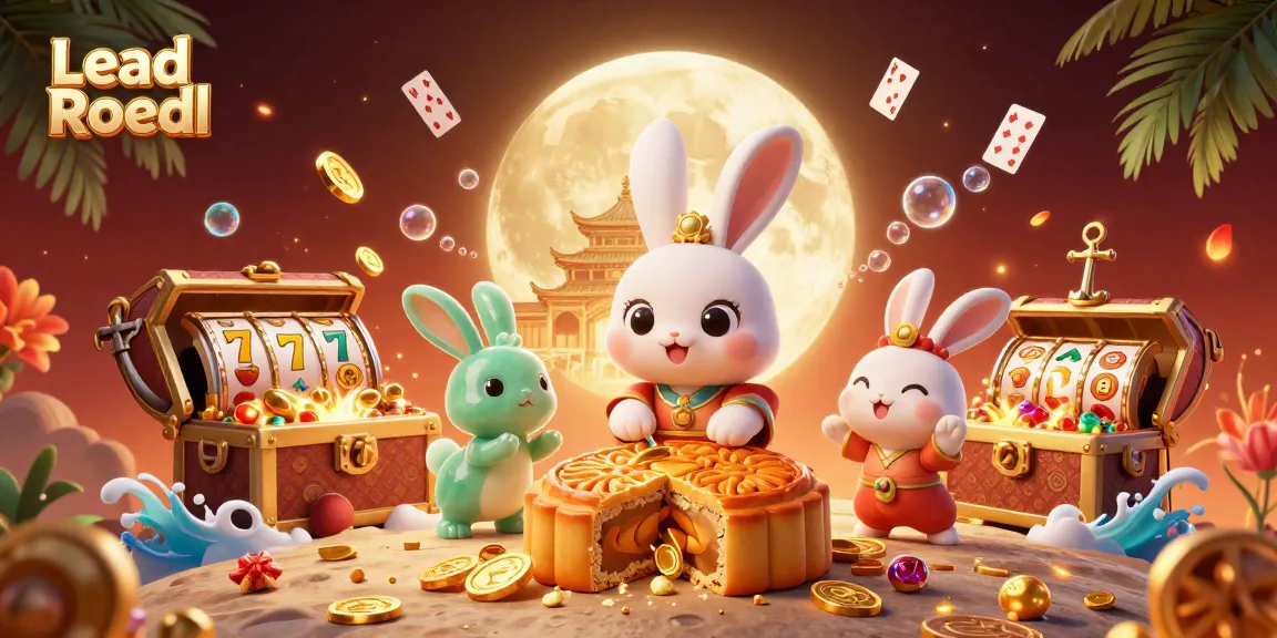 Lead Roedl features a 3D moon rabbit and companions amidst rich casino elements like slot reels and gold.