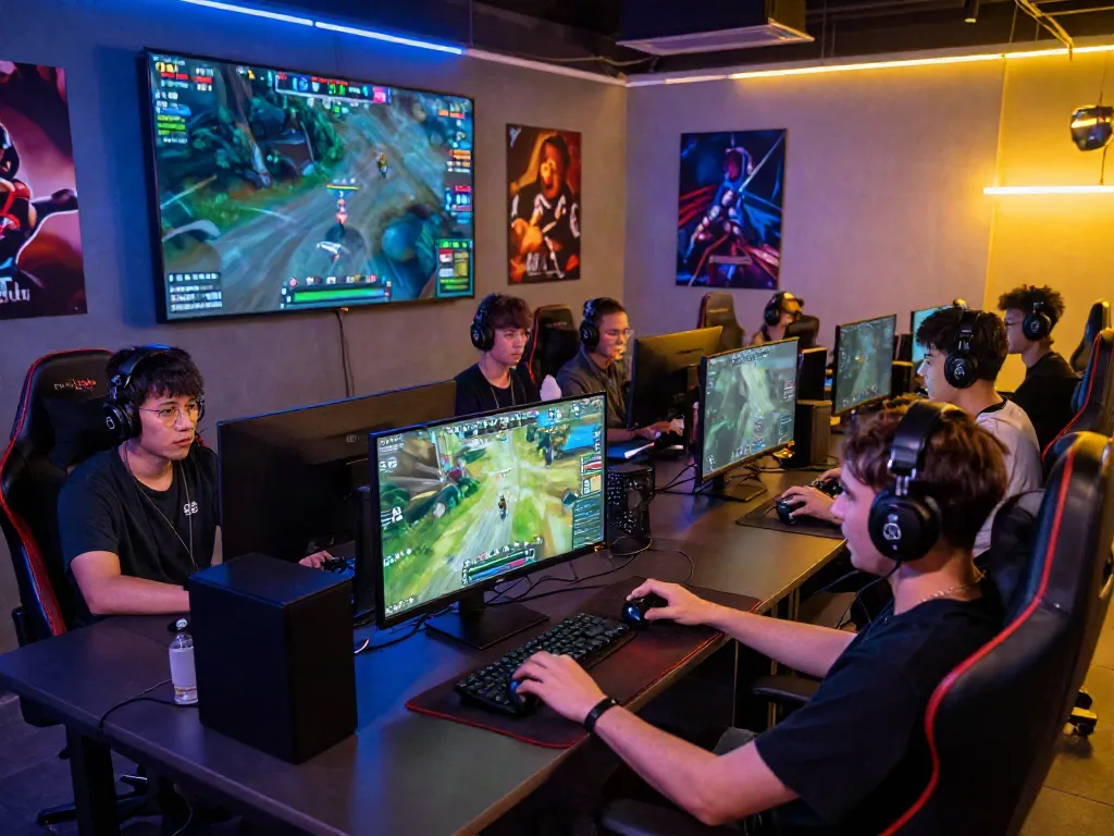 Online gamers at https://totobet.net/ engaging in a competitive gaming session with vibrant LED lighting.