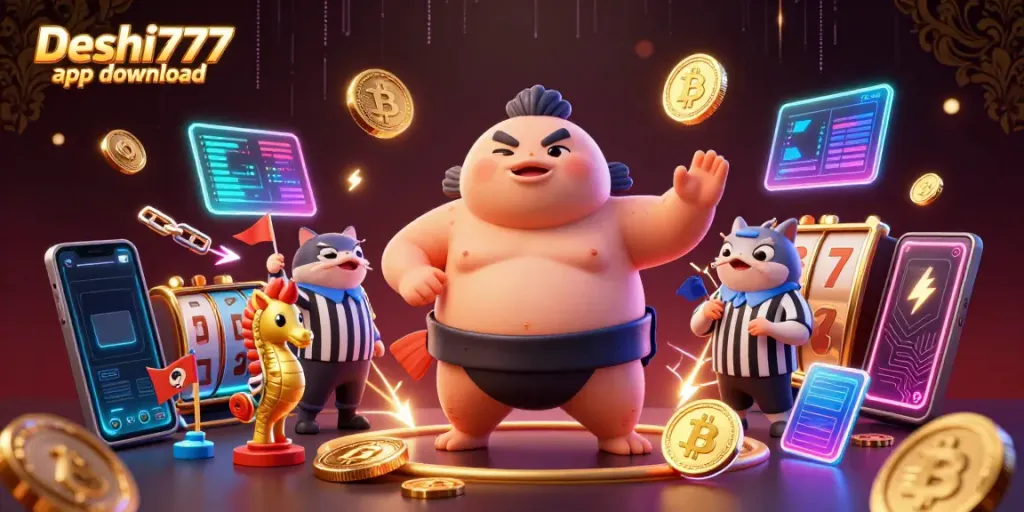 Experience dynamic gaming with Deshi777 app download featuring vibrant casino elements and beach-themed characters.