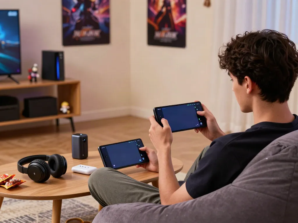 Engaged gamer exploring mod apk features on a smartphone in a cozy gaming space.