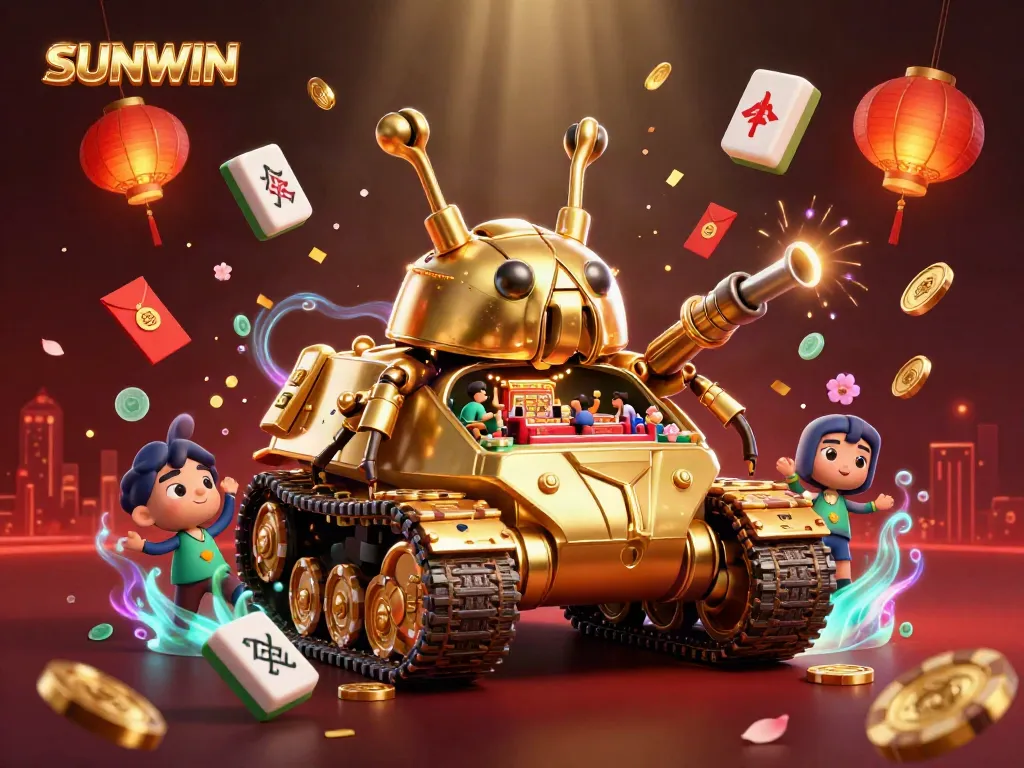 Experience the energetic world of SUNWIN with a golden beetle tank casino illustration featuring confetti and festive elements.