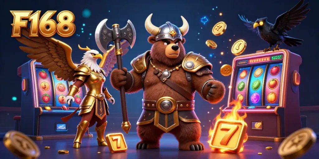 Play slots at F168 with a dynamic Viking bear and Valkyrie in a vibrant casino setting.