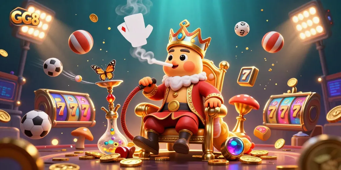 Experience the thrill of GG88 as a giant caterpillar hookah-master immerses you in casino excitement with slot reels, sports, and gold coins.
