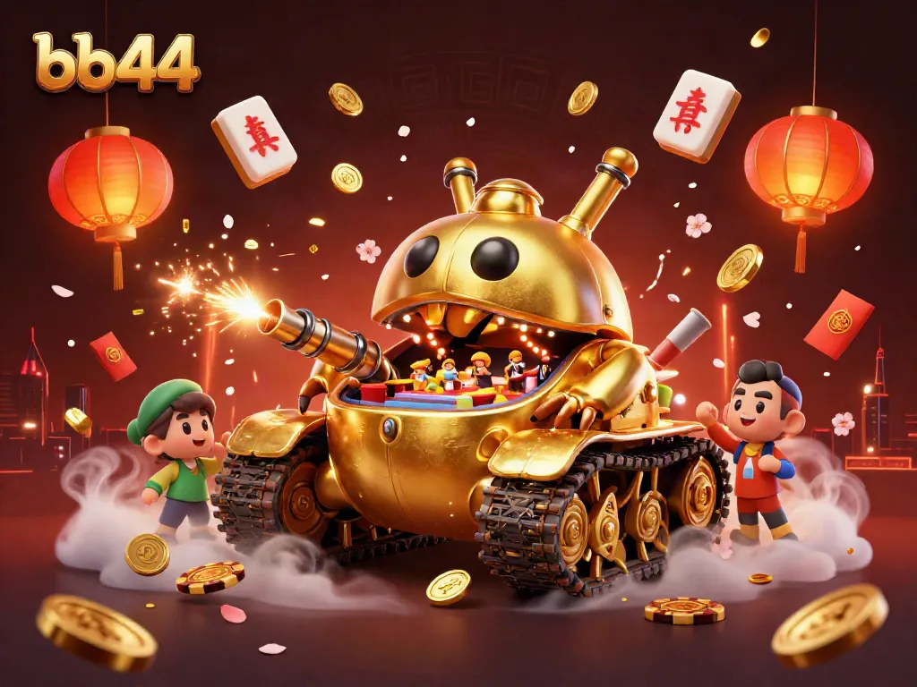 bb44's vibrant casino scene features a golden beetle tank revealing miniature games and festive decorations.