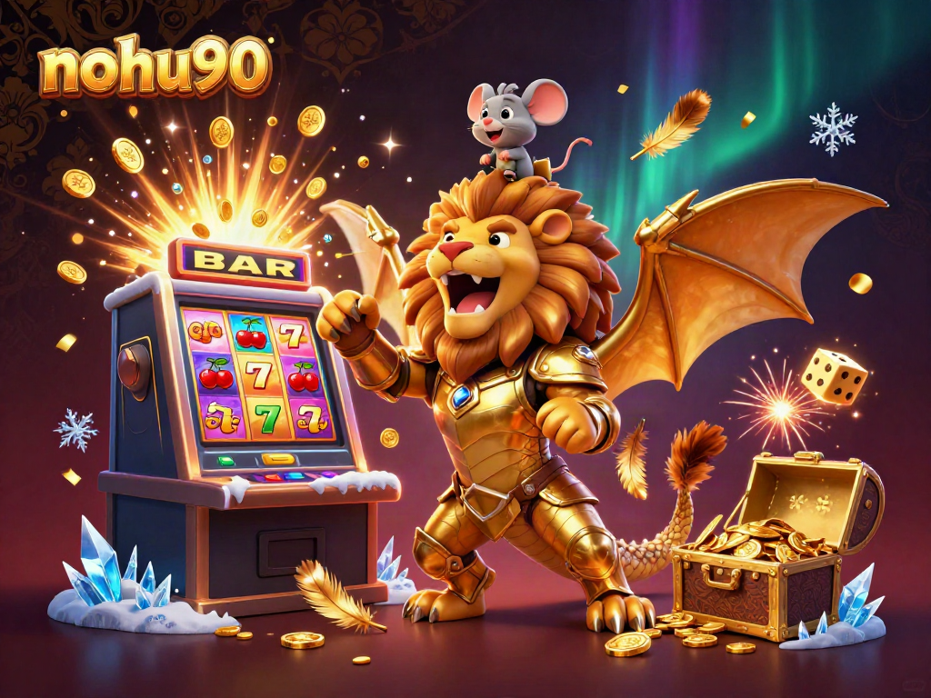 Experience the excitement at nohu90 with a vibrant 3D illustration of a chimera and a jackpot explosion.