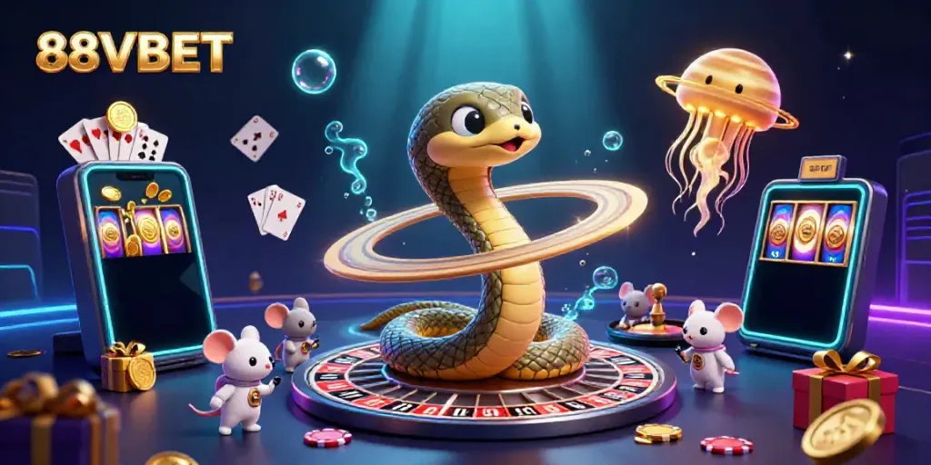 Immerse in the excitement of 88VBET with a snake roulette and astronaut mice placing bets.