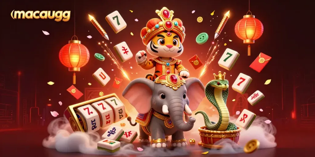 Experience the excitement of macaugg with a vibrant 3D casino scene filled with slot reels and festive decorations.