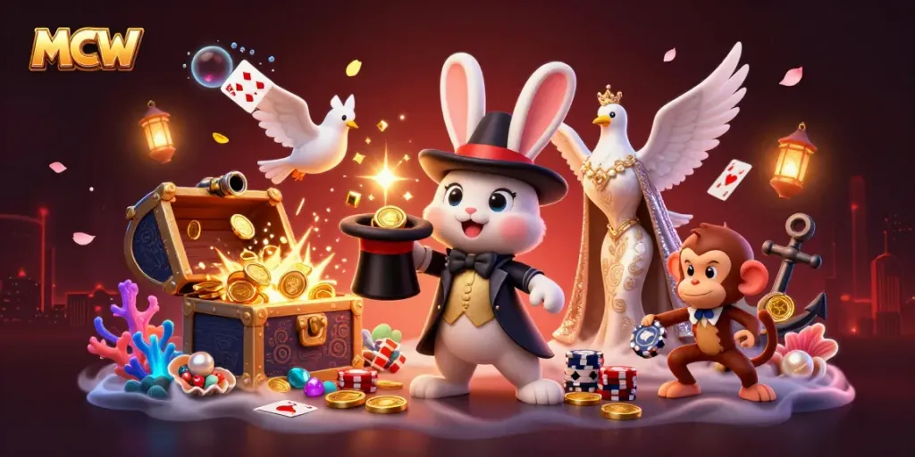 MCW showcases excitement in online gaming with a cartoon magician, assistant dove, and playful monkey.