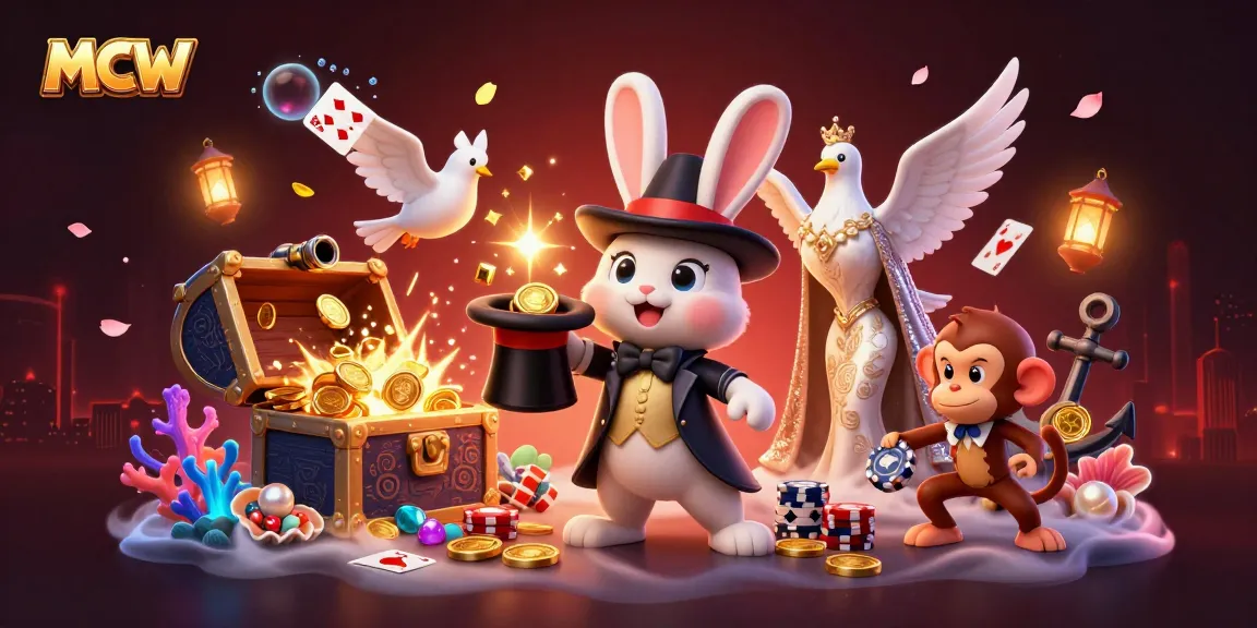 MCW showcases excitement in online gaming with a cartoon magician, assistant dove, and playful monkey.