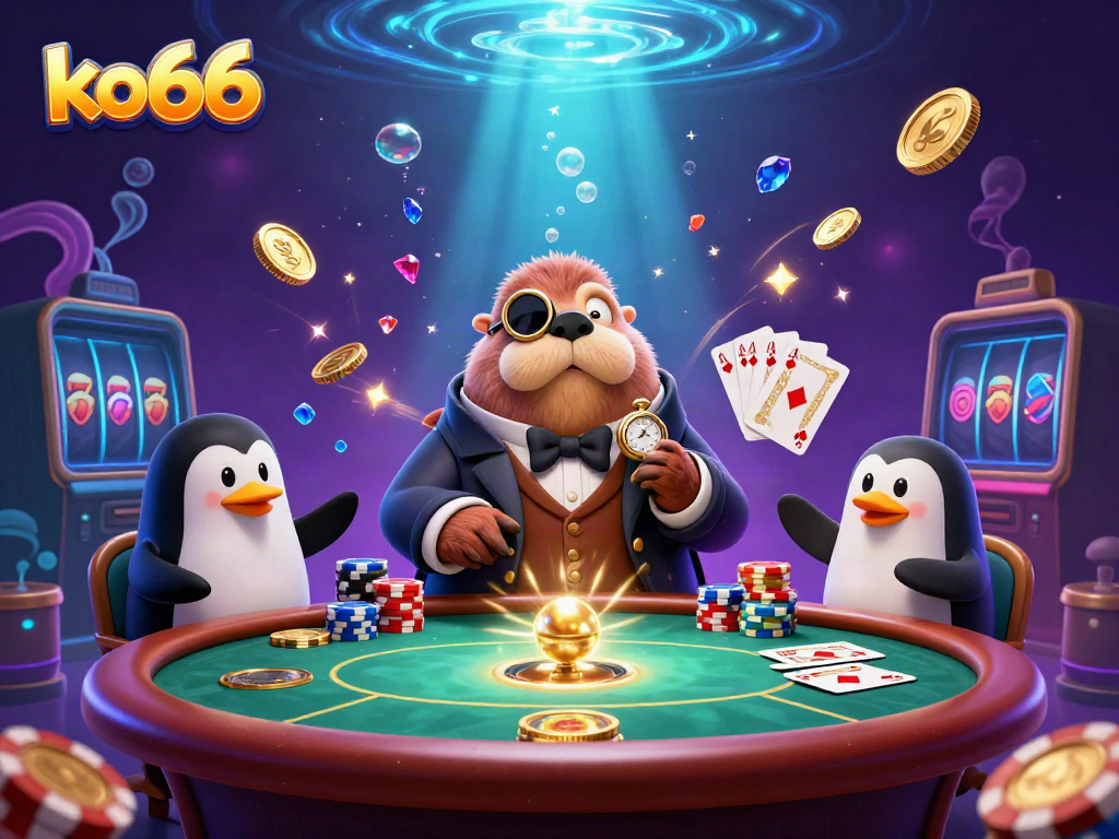 Experience thrilling underwater poker with ko66, featuring a walrus, penguin dealer, and pufferfish player.