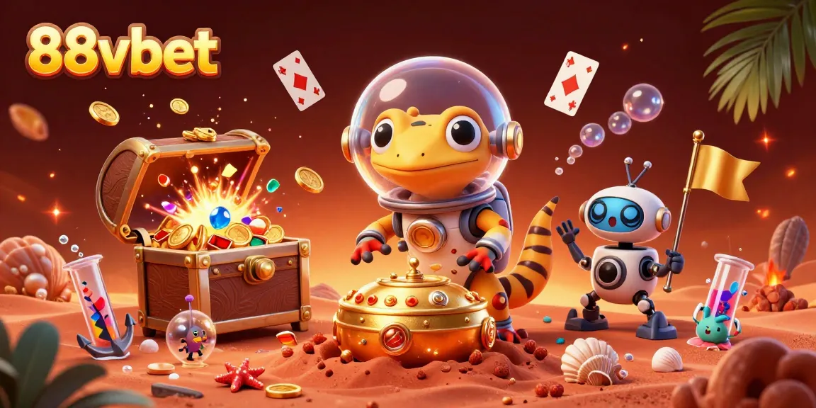 Experience thrilling wins with the 88vbet cartoon illustration of a gecko exploring golden casino riches.