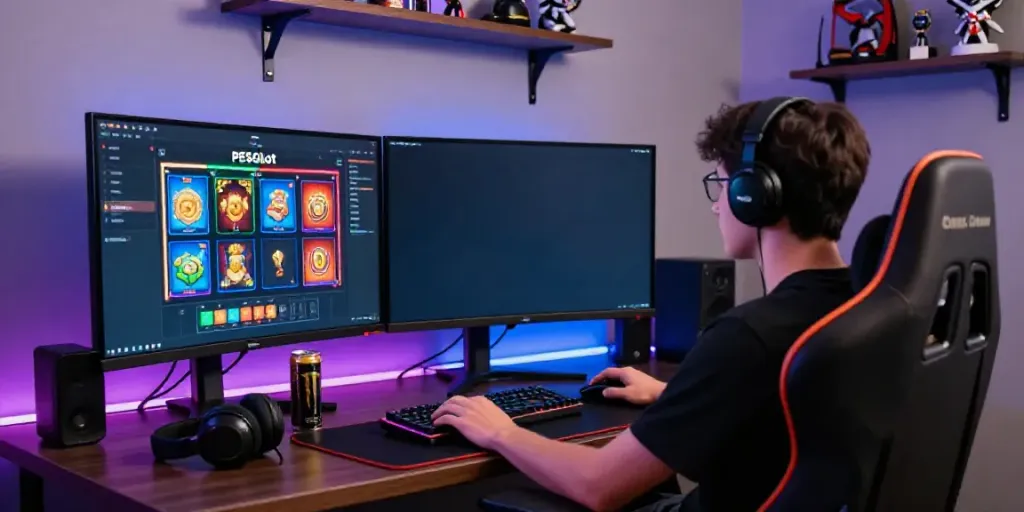 Person playing PESGSlot in a vibrant gaming room with LED lighting.