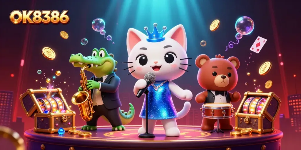 Engage with OK8386's vibrant casino world featuring a singing cat, saxophone crocodile, and bear drummer.
