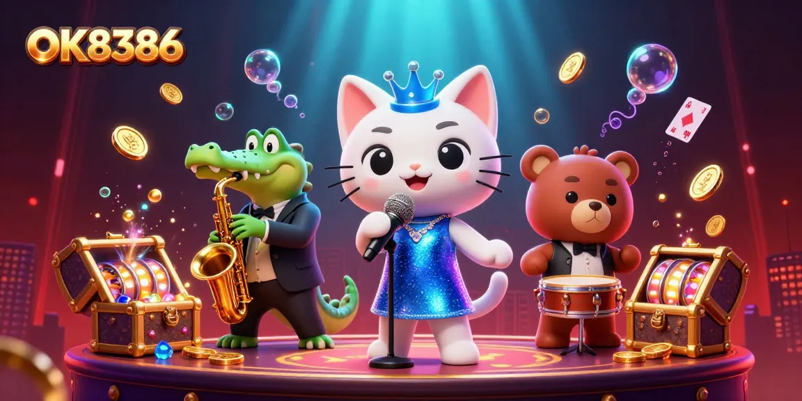 Engage with OK8386's vibrant casino world featuring a singing cat, saxophone crocodile, and bear drummer.