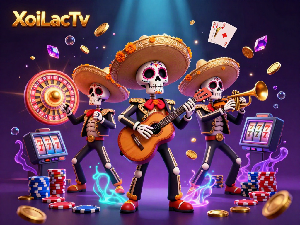 XoiLacTv delivers vibrant 3D casino mariachi scene with golden coins and poker chips.