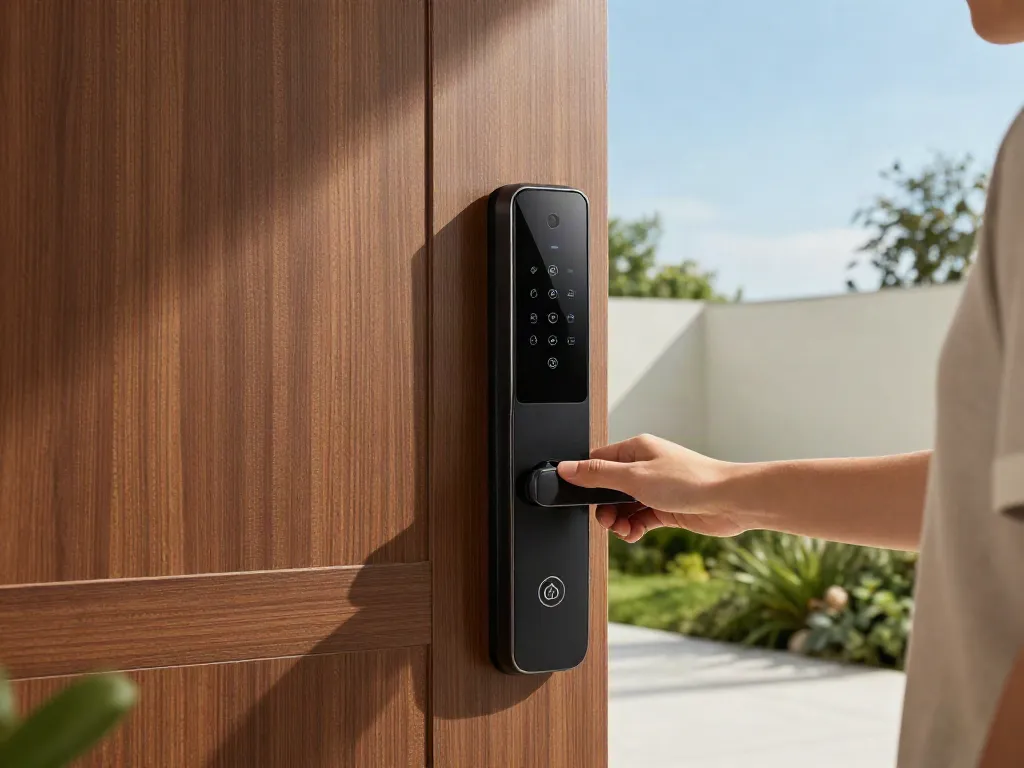 Showcasing a high-tech قفل هوشمند on a stylish door, with a homeowner unlocking it via smartphone.