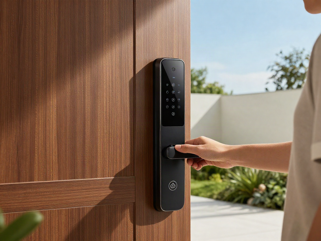 Showcasing a high-tech قفل هوشمند on a stylish door, with a homeowner unlocking it via smartphone.