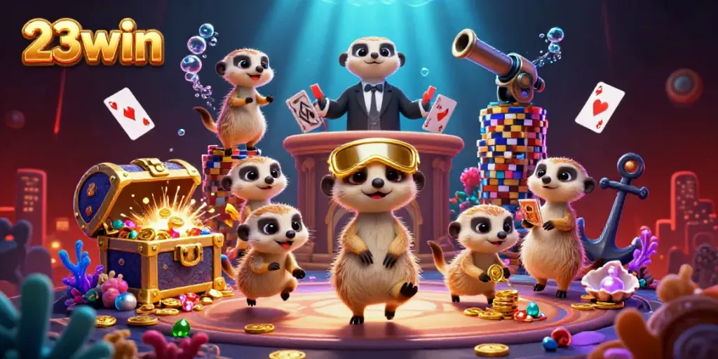 Meerkats orchestrating a lively casino scene, embodying the spirit of 23win with vibrant casino elements.