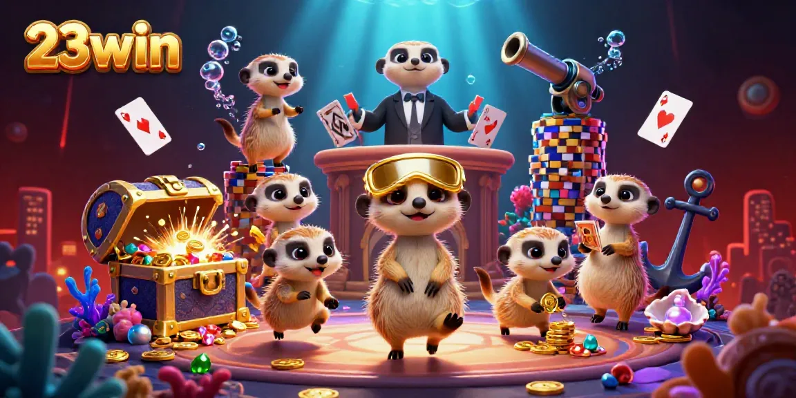 Meerkats orchestrating a lively casino scene, embodying the spirit of 23win with vibrant casino elements.