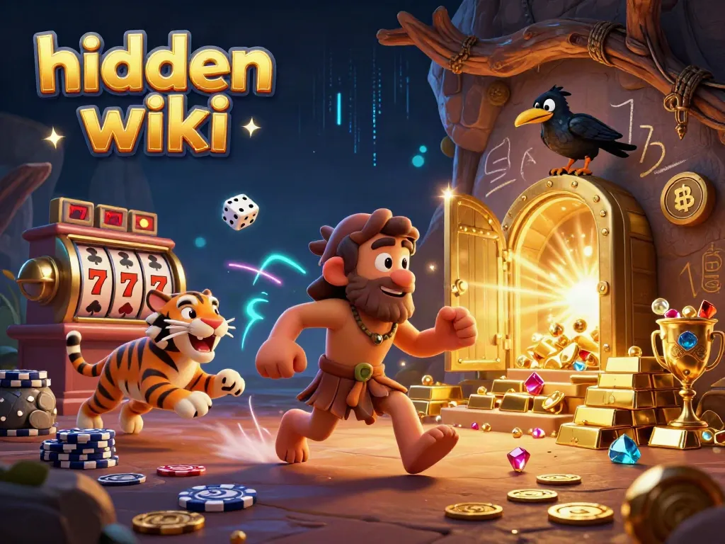 The hidden wiki illustrates a unique prehistoric casino scene featuring a caveman and saber-tooth tiger managing gaming activities, enhanced with vibrant light effects and dynamic symbols.