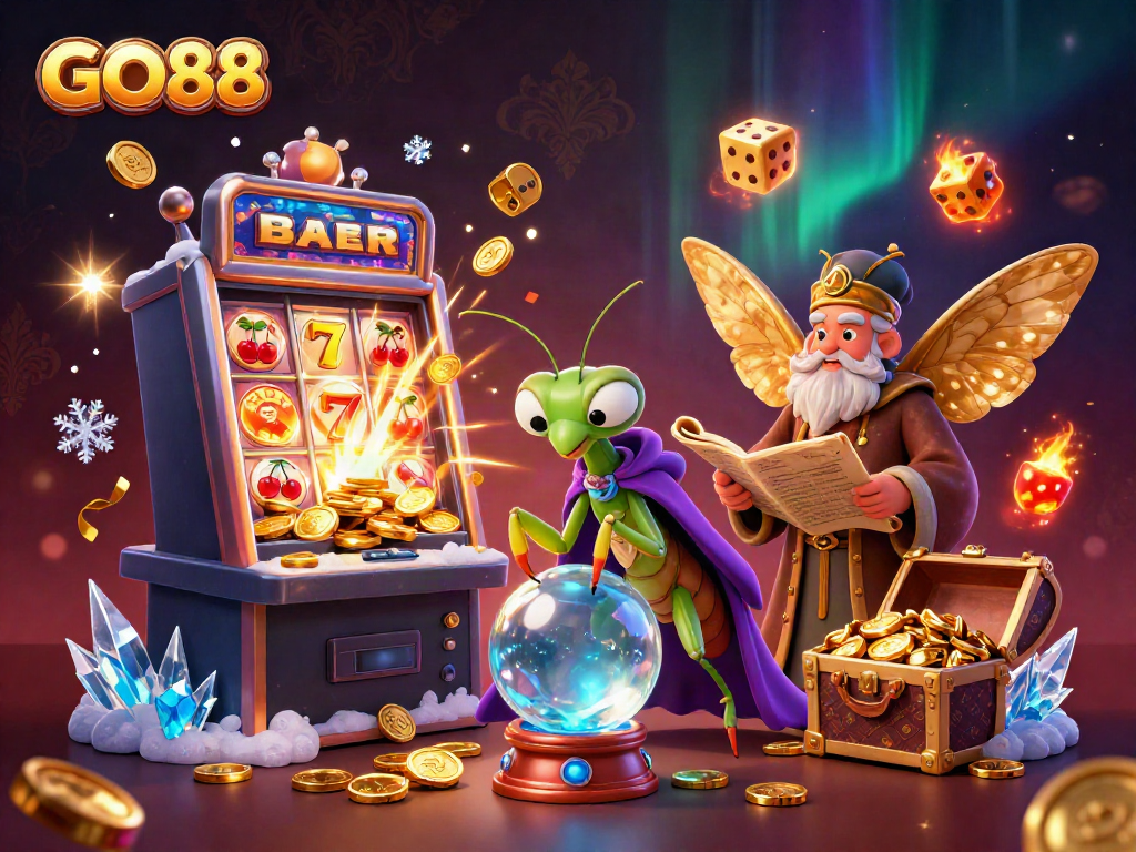 Engage in thrilling gaming with GO88, featuring a mystical scene of a fortune teller and enriching casino elements.