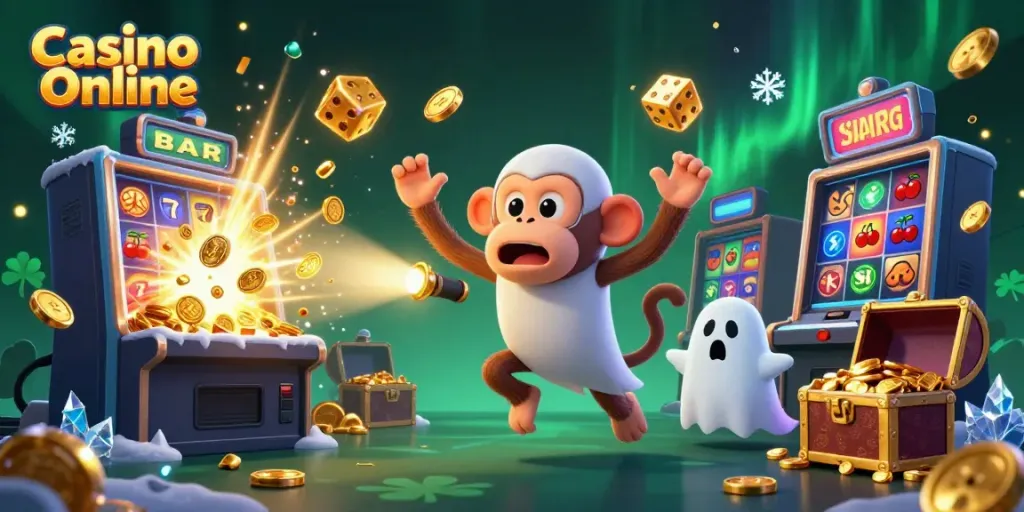 Experience the vibrant action of Casino Online with a mischievous ghost monkey and a curious puppy in a thrilling casino scene.