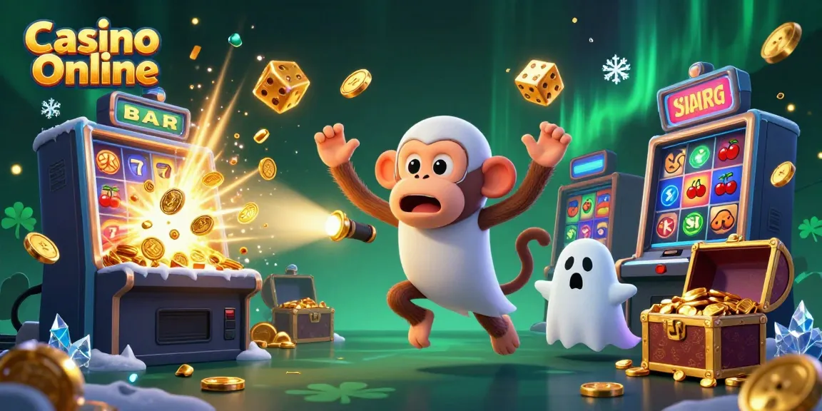Experience the vibrant action of Casino Online with a mischievous ghost monkey and a curious puppy in a thrilling casino scene.
