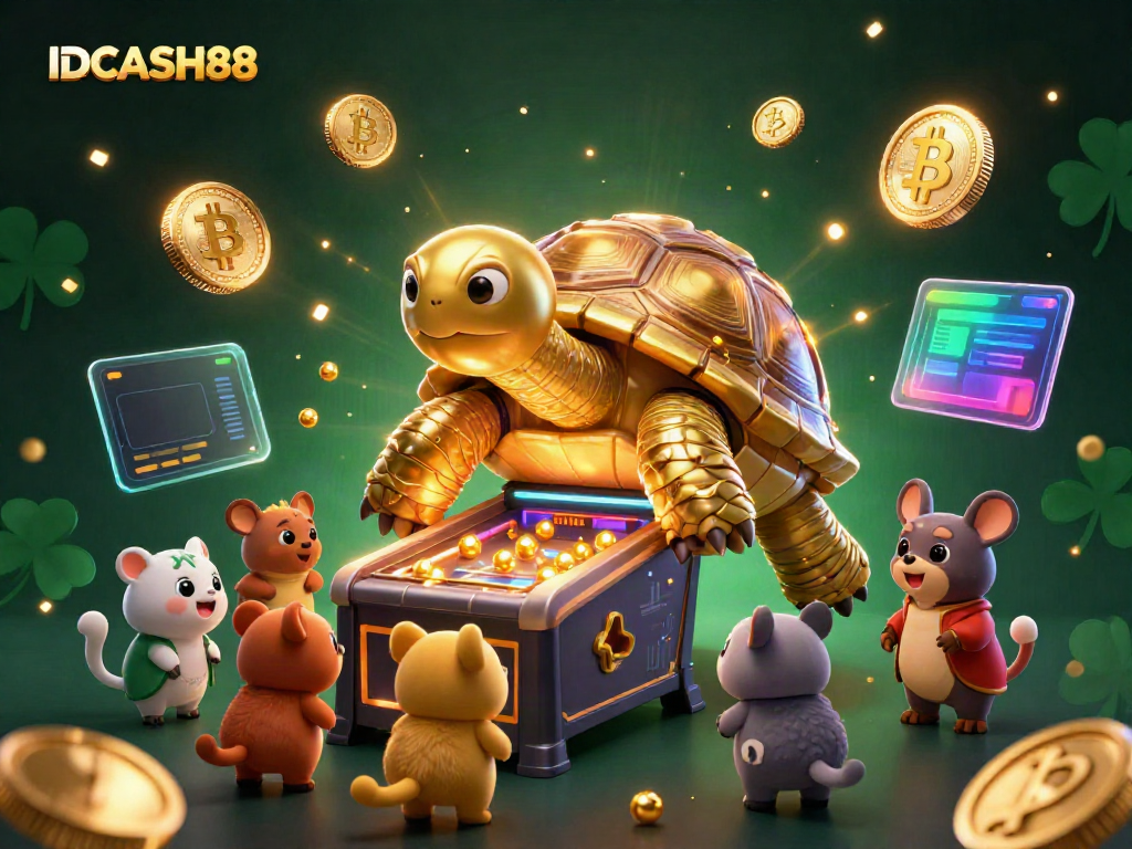 Experience the exciting world of IDCASH88 with vibrant 3D casino-themed illustration featuring a golden tortoise.