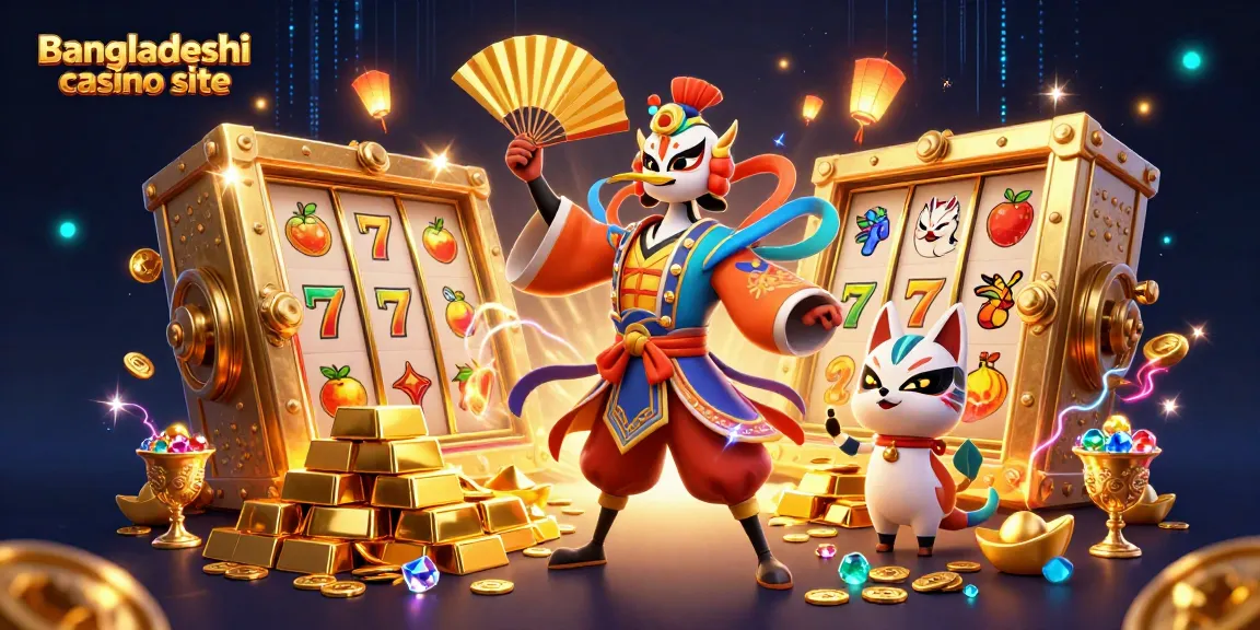 Engage with the lively scene of a Bangladeshi casino site featuring animated characters, golden treasures, and slot elements.