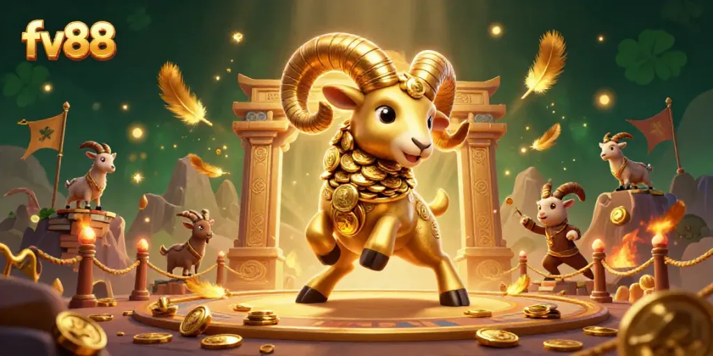 Engage with fv88’s thrilling gaming experience illustrated by a golden ram charging through a dynamic casino scene.
