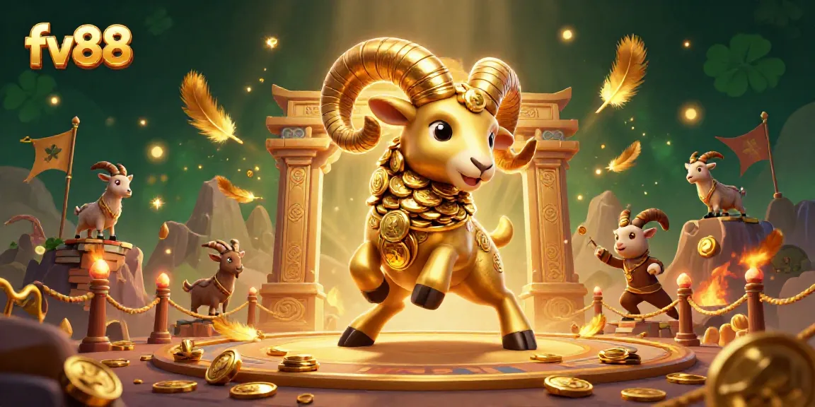 Engage with fv88’s thrilling gaming experience illustrated by a golden ram charging through a dynamic casino scene.