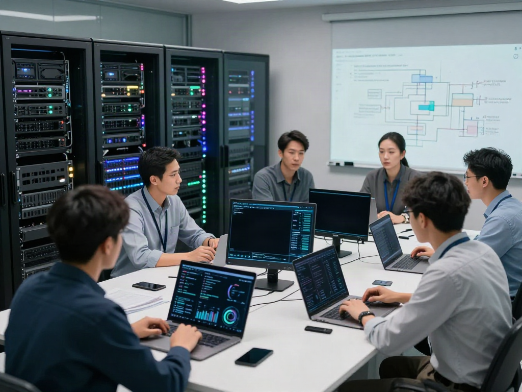 Engineers collaborating on AI infrastructure in a high-tech data center environment.
