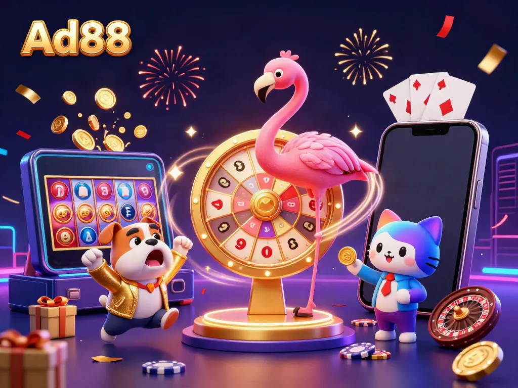 Ad88 showcases a festive casino atmosphere with animated characters celebrating a big win, featuring various gaming elements.