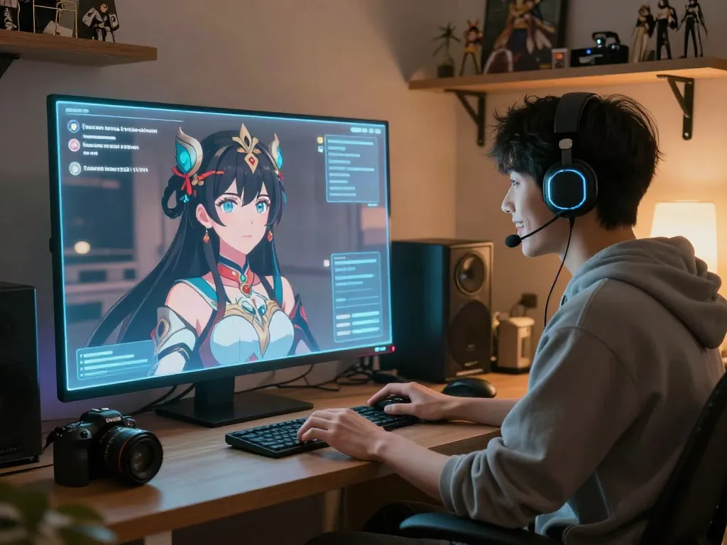 Engaging hentai AI chat scene with a colorful anime character and user interaction in a cozy room.