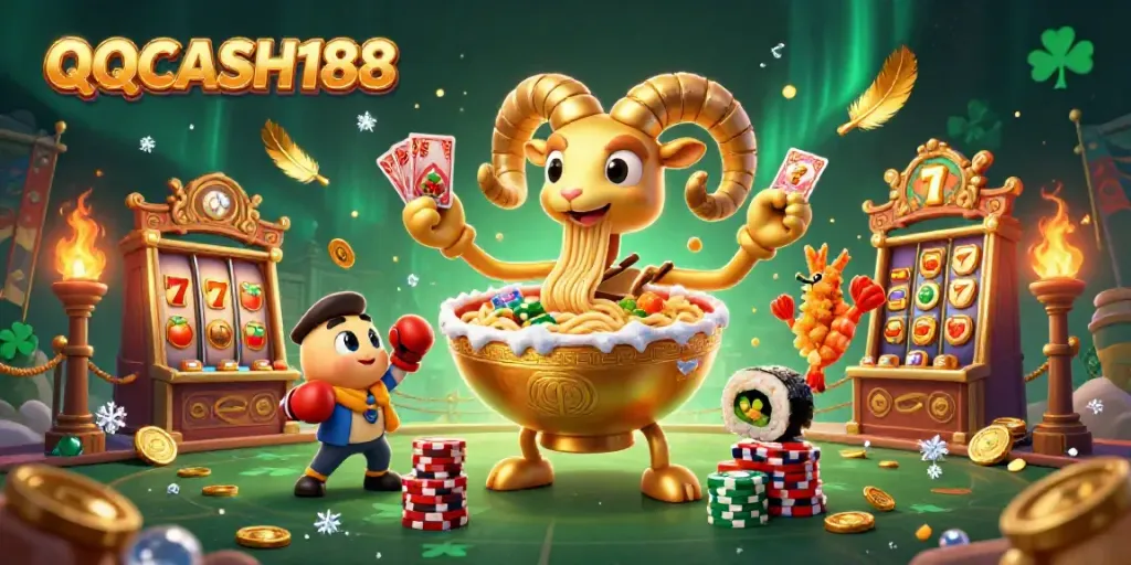 QQCASH188 showcases a vibrant casino scene with animated characters engaging in games of chance.