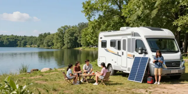 Family enjoying outdoor leisure with a portable 12V battery charging device at lakeside