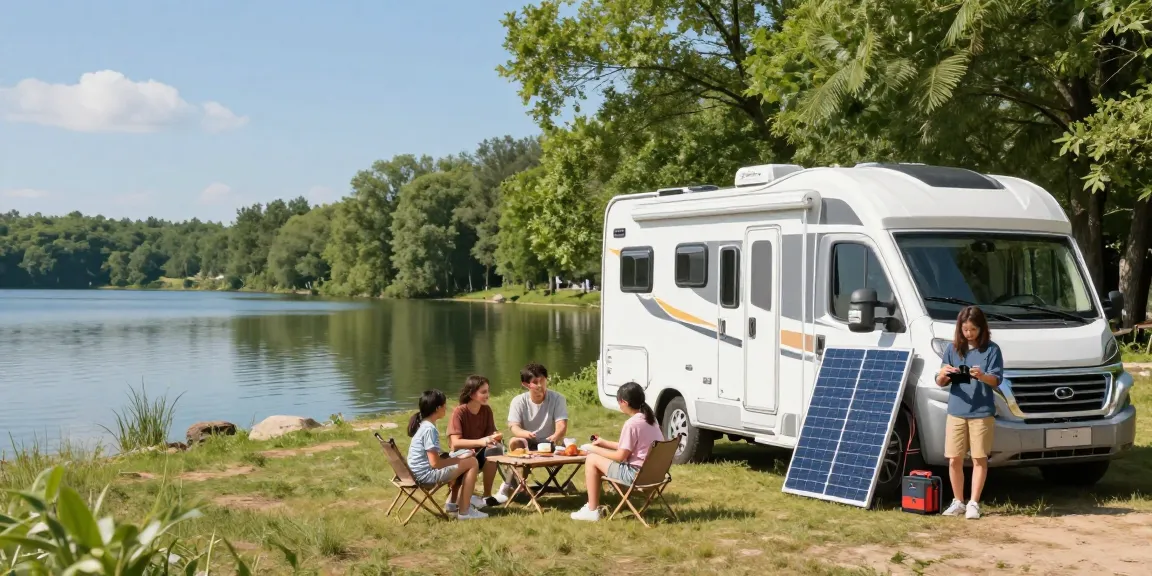 Family enjoying outdoor leisure with a portable 12V battery charging device at lakeside
