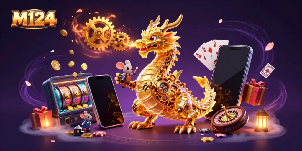 Experience the excitement of gaming with M124, featuring a biomechanical dragon and vibrant casino elements.