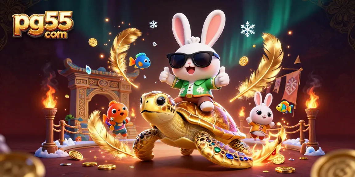 Join the fun at pg55 com with our lucky rabbit and golden turtle in a vibrant casino adventure illustration.