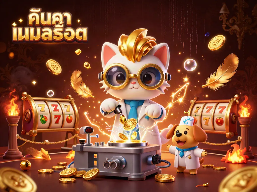 Engage in excitement with ค้นหาเกมสล็อต illustrated through a vibrant scene of a mad scientist cat and its dog assistant amid dynamic gambling elements.
